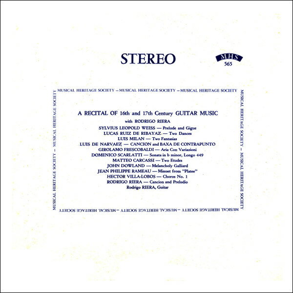 【中古】LP Rodrigo Riera Recital Of 16th And 17th Century Guitar Music MHS565 MUSICAL HERITAGE SO /00260