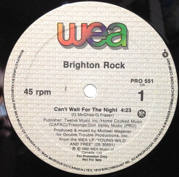 Artist Name: K - 【中古】12” Brighton Rock Cant Wait For The Night PRO551 WEA プロモ /00250