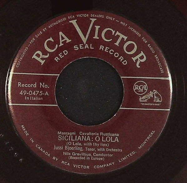 【中古】7” Jussi Bjorling Siciliana: O Lola / Donna Non Vidi Mai 490475 RCA Victor Red Seal /00080
