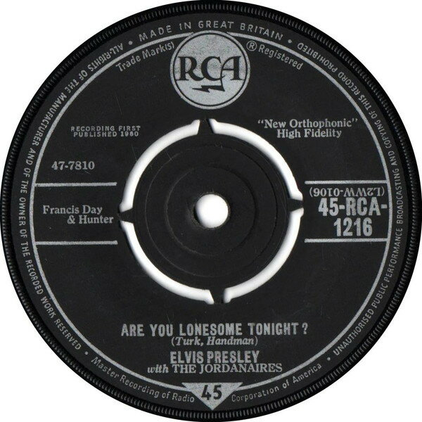 【中古】英7” Elvis Presley, The Jordanaires Are You Lonesome Tonight? 45RCA1216 RCA /00080