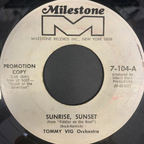 【中古】米7” Tommy Vig Orchestra Sunrise, Sunset / I Miss You Today 7104 Milestone /00080