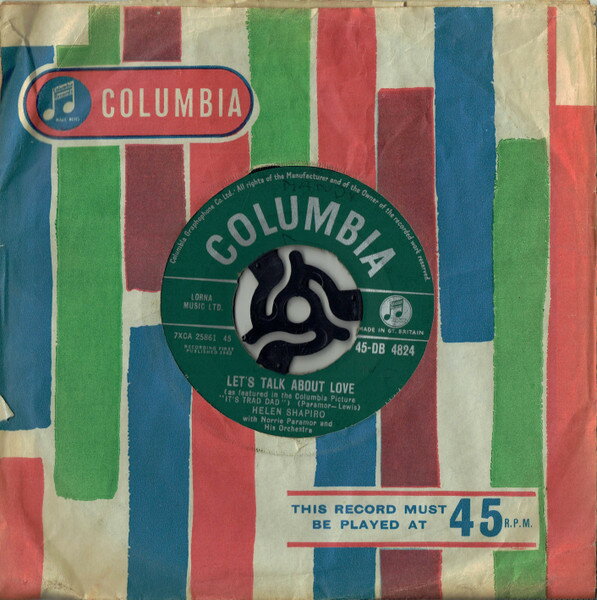 ・アーティスト Helen Shapiro, Norrie Paramor & His Orchestra ・タイトル Let's Talk About Love ・レーベル・型番 Columbia 45DB4824 ・フォーマット 7インチレコード ・コンディション(盤) 可 (VG) ・コンディション(ジャケット) プレインカバー（元ジャケット／カバー無し） ・コンディション(帯) オビなし ・特記事項 【盤に小さいキズ】【盤に目立ったキズ】【盤汚れ】 サンプル画像です。実際の商品の画像ではありません 商品写真はバーコード/カタログ番号に対応したサンプル画像ですので、お送りする商品の画像ではありません。帯やライナーなどの付属品は、特記事項に記載されている場合のみ含まれます。プロモやカラーレコードなどの仕様についても、該当する場合のみ特記事項に記載しています。 【ご購入前に必ずご確認ください】 ・本店サイト(www.recordcity.jp)とは価格、送料が違います ・本店サイト、その他支店のオーダーとは同梱発送できません ・注文確定後に別の注文を頂いた場合、注文同士の同梱は致しかねます。 ・別倉庫から発送しているため、店頭受け渡しは対応しておりません ・一部商品は他の通販サイトでも販売しているため、ご注文のタイミングによっては商品のご用意ができない場合がございます。 ・土日祝日はお休みです 金曜・祝前日9時以降のご連絡またはご入金は、返答または発送が週明け・祝日明けに順次対応となります。 ・ご購入後のキャンセル不可 ご購入後のキャンセルはいかなる理由においてもお受けできません。ご了承の上、ご購入くださいませ。 ・日本郵便(ゆうパック/ゆうメール)によるお届けになります。 ・中古品であることをご理解ください 当ストアでは中古商品を主に販売しております。中古品であることをご理解の上ご購入ください。また、一部商品はRecordCityオンラインストアで試聴可能です。 ・返品について お客様のご都合による返品は一切承っておりません。 表記の内容と実際の商品に相違がある場合、また針飛び等で返品・返金をご希望される場合は、商品の到着後1週間以内にご連絡ください。商品の返送をこちらで確認後、キャンセル・返金を行います。 コンディションVG以下の商品は返品できません。プレイに影響のない表面のこすれ傷、プレス起因のノイズ盤は返品の対象外です。 【コンディション表記】 ・ほぼ新品(M-)(Like New) 完全な新品。未使用。当店ではほぼ使用しません ・非常に良い(EX)(Excellent) 中古盤として美品な状態。わずかな経年を感じるものの傷みを感じさせない、当店基準で最高の状態 ・良い(VG+)(Very Good Plus) 丁寧に扱われた中古品で、軽い使用感がみられる。 ・可(VG)(Acceptable) 使い込まれた中古品で、「良い」よりもさらに使用感がみられる。 ・悪い(VG-)(Bad) 状態が悪いアイテム。使用の保障はなく、再生不可、針飛び、目立つノイズがあるかもしれない。状態によるクレーム不可。返品不可。 ・非常に悪い(G)(Very Bad) 「悪い」よりさらに状態が悪いアイテム。使用の保障はなく、再生不可、針飛び、目立つノイズがあるかもしれない。状態によるクレーム不可。返品不可。 ・ジャンク(Fair)(Junk/Fair) 割れている、反っている、水ダメージがある、カビ、ジャケットが分離している、ひどい書き込み、ひどい擦れなど最低の状態。使用の保障はなく、再生不可、針飛び、目立つノイズがあるかもしれない。状態によるクレーム不可。返品不可。 ・ジャンク(Poor)(Junk/Poor) 割れている、反っている、水ダメージがある、カビ、ジャケットが分離している、ひどい書き込み、ひどい擦れなど最低の状態。使用の保障はなく、再生不可、針飛び、目立つノイズがあるかもしれない。状態によるクレーム不可。返品不可。