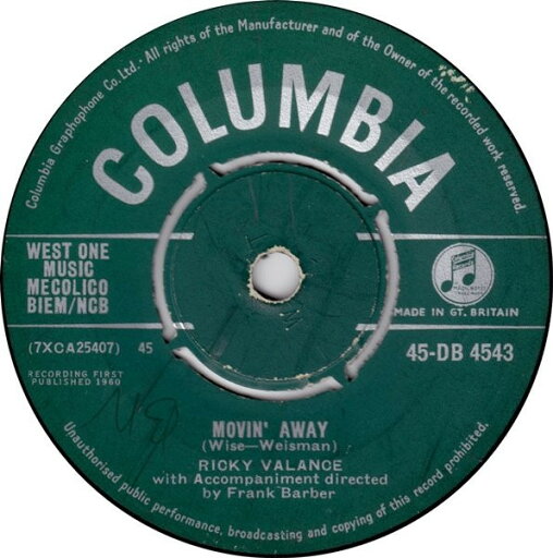 【中古】英7” Ricky Valance Movin Away 45DB4543 Columbia /00080 【中古】英7” Ricky Valance Movin Away 45DB4543 Columbia /00080