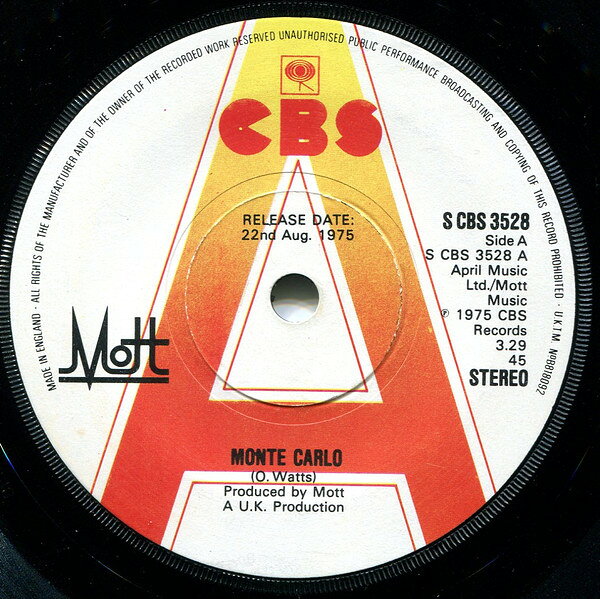 ・アーティスト Mott ・タイトル Monte Carlo ・レーベル・型番 CBS SCBS3528 ・フォーマット 7インチレコード ・コンディション(盤) 良い (VG+) ・コンディション(ジャケット) プレインカバー（元ジャケット／カバー無し） ・コンディション(帯) オビなし ・特記事項 サンプル画像です。実際の商品の画像ではありません 【ご購入前に必ずご確認ください】 ・本店サイト(www.recordcity.jp)とは価格、送料が違います ・本店サイト、その他支店のオーダーとは同梱発送できません ・注文確定後に別の注文を頂いた場合、注文同士の同梱は致しかねます。 ・別倉庫から発送しているため、店頭受け渡しは対応しておりません ・一部商品は他の通販サイトでも販売しているため、ご注文のタイミングによっては商品のご用意ができない場合がございます。 ・土日祝日はお休みです 金曜・祝前日9時以降のご連絡またはご入金は、返答または発送が週明け・祝日明けに順次対応となります。 ・ご購入後のキャンセル不可 ご購入後のキャンセルはいかなる理由においてもお受けできません。ご了承の上、ご購入くださいませ。 ・日本郵便(ゆうパック/ゆうメール)によるお届けになります。 ・中古品であることをご理解ください 当ストアでは中古商品を主に販売しております。中古品であることをご理解の上ご購入ください。また、一部商品はRecordCityオンラインストアで試聴可能です。 ・返品について お客様のご都合による返品は一切承っておりません。 表記の内容と実際の商品に相違がある場合、また針飛び等で返品・返金をご希望される場合は、商品の到着後1週間以内にご連絡ください。商品の返送をこちらで確認後、キャンセル・返金を行います。 コンディションVG以下の商品は返品できません。プレイに影響のない表面のこすれ傷、プレス起因のノイズ盤は返品の対象外です。 【コンディション表記】 ・ほぼ新品(M-)(Like New) 完全な新品。未使用。当店ではほぼ使用しません ・非常に良い(EX)(Excellent) 中古盤として美品な状態。わずかな経年を感じるものの傷みを感じさせない、当店基準で最高の状態 ・良い(VG+)(Very Good Plus) 丁寧に扱われた中古品で、軽い使用感がみられる。 ・可(VG)(Acceptable) 使い込まれた中古品で、「良い」よりもさらに使用感がみられる。 ・悪い(VG-)(Bad) 状態が悪いアイテム。使用の保障はなく、再生不可、針飛び、目立つノイズがあるかもしれない。状態によるクレーム不可。返品不可。 ・非常に悪い(G)(Very Bad) 「悪い」よりさらに状態が悪いアイテム。使用の保障はなく、再生不可、針飛び、目立つノイズがあるかもしれない。状態によるクレーム不可。返品不可。 ・ジャンク(Fair)(Junk/Fair) 割れている、反っている、水ダメージがある、カビ、ジャケットが分離している、ひどい書き込み、ひどい擦れなど最低の状態。使用の保障はなく、再生不可、針飛び、目立つノイズがあるかもしれない。状態によるクレーム不可。返品不可。 ・ジャンク(Poor)(Junk/Poor) 割れている、反っている、水ダメージがある、カビ、ジャケットが分離している、ひどい書き込み、ひどい擦れなど最低の状態。使用の保障はなく、再生不可、針飛び、目立つノイズがあるかもしれない。状態によるクレーム不可。返品不可。