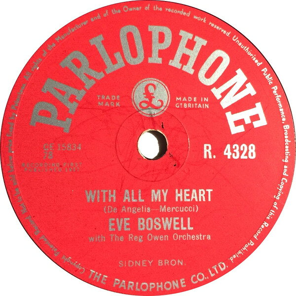 ・アーティスト Eve Boswell, Reg Owen Orchestra ・タイトル With All My Heart / Sugar Candy ・レーベル・型番 PARLOPHONE R4328 ・フォーマット 78回転SP盤レコード ・コンディション(盤) 良い (VG+) ・コンディション(ジャケット) 可 (VG) ・コンディション(帯) オビなし ・特記事項 【※再生コンディションによる返品不可】【盤に薄い跡】 サンプル画像です。実際の商品の画像ではありません 商品写真はバーコード/カタログ番号に対応したサンプル画像ですので、お送りする商品の画像ではありません。帯やライナーなどの付属品は、特記事項に記載されている場合のみ含まれます。プロモやカラーレコードなどの仕様についても、該当する場合のみ特記事項に記載しています。 【ご購入前に必ずご確認ください】 ・本店サイト(www.recordcity.jp)とは価格、送料が違います ・本店サイト、その他支店のオーダーとは同梱発送できません ・注文確定後に別の注文を頂いた場合、注文同士の同梱は致しかねます。 ・別倉庫から発送しているため、店頭受け渡しは対応しておりません ・一部商品は他の通販サイトでも販売しているため、ご注文のタイミングによっては商品のご用意ができない場合がございます。 ・土日祝日はお休みです 金曜・祝前日9時以降のご連絡またはご入金は、返答または発送が週明け・祝日明けに順次対応となります。 ・ご購入後のキャンセル不可 ご購入後のキャンセルはいかなる理由においてもお受けできません。ご了承の上、ご購入くださいませ。 ・日本郵便(ゆうパック/ゆうメール)によるお届けになります。 ・中古品であることをご理解ください 当ストアでは中古商品を主に販売しております。中古品であることをご理解の上ご購入ください。また、一部商品はRecordCityオンラインストアで試聴可能です。 ・返品について お客様のご都合による返品は一切承っておりません。 表記の内容と実際の商品に相違がある場合、また針飛び等で返品・返金をご希望される場合は、商品の到着後1週間以内にご連絡ください。商品の返送をこちらで確認後、キャンセル・返金を行います。 コンディションVG以下の商品は返品できません。プレイに影響のない表面のこすれ傷、プレス起因のノイズ盤は返品の対象外です。 【コンディション表記】 ・ほぼ新品(M-)(Like New) 完全な新品。未使用。当店ではほぼ使用しません ・非常に良い(EX)(Excellent) 中古盤として美品な状態。わずかな経年を感じるものの傷みを感じさせない、当店基準で最高の状態 ・良い(VG+)(Very Good Plus) 丁寧に扱われた中古品で、軽い使用感がみられる。 ・可(VG)(Acceptable) 使い込まれた中古品で、「良い」よりもさらに使用感がみられる。 ・悪い(VG-)(Bad) 状態が悪いアイテム。使用の保障はなく、再生不可、針飛び、目立つノイズがあるかもしれない。状態によるクレーム不可。返品不可。 ・非常に悪い(G)(Very Bad) 「悪い」よりさらに状態が悪いアイテム。使用の保障はなく、再生不可、針飛び、目立つノイズがあるかもしれない。状態によるクレーム不可。返品不可。 ・ジャンク(Fair)(Junk/Fair) 割れている、反っている、水ダメージがある、カビ、ジャケットが分離している、ひどい書き込み、ひどい擦れなど最低の状態。使用の保障はなく、再生不可、針飛び、目立つノイズがあるかもしれない。状態によるクレーム不可。返品不可。 ・ジャンク(Poor)(Junk/Poor) 割れている、反っている、水ダメージがある、カビ、ジャケットが分離している、ひどい書き込み、ひどい擦れなど最低の状態。使用の保障はなく、再生不可、針飛び、目立つノイズがあるかもしれない。状態によるクレーム不可。返品不可。