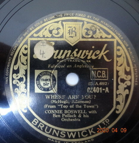 78RPM/SP Connie Boswell, Ben Pollack &amp; Where Are You / Trust In Me 02401 BRUNSWICK /00500