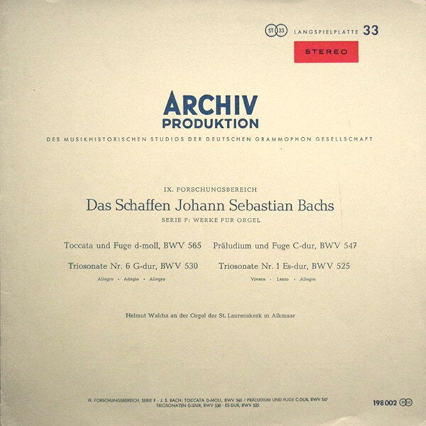 LP Johann Sebastian Bach ・ Helmu Toccata Und Fuge D-Moll, BWV 565 Praludium Und Fug 198002 Archiv Produktion /00400