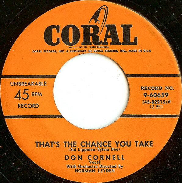 【中古】7” Don Cornell Thats The Chance You Take / Ill Walk Alone 960659 Coral /00080