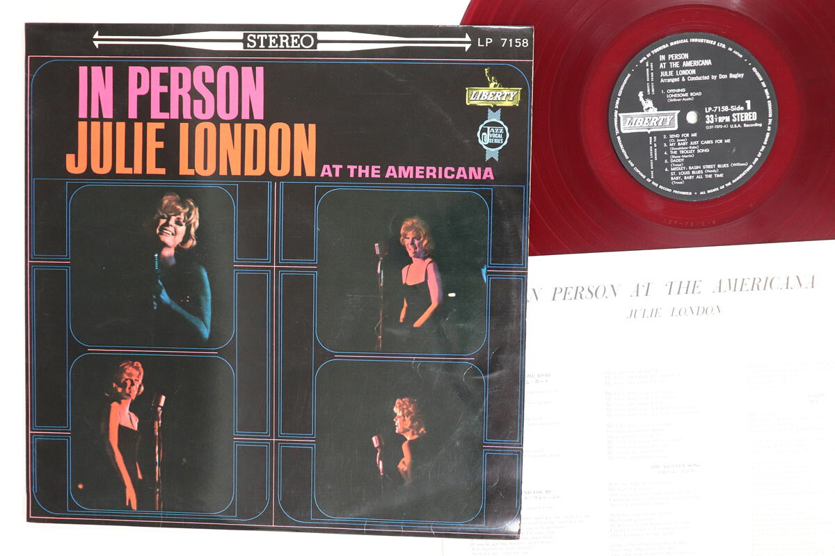 ・アーティスト Julie London ・タイトル In Person At The Americana ・レーベル・型番 LIBERTY LP7158 ・フォーマット LPレコード ・コンディション(盤) 良い (VG+) ・コンディション(ジャケット) 良い (VG+) ・コンディション(帯) オビなし ・特記事項 【ライナー付き】 【カラー盤（レッド）】【カバーにキズ/ダメージ】【盤に浅い跡】 実際に発送される商品の画像です 【ご購入前に必ずご確認ください】 ・本店サイト(www.recordcity.jp)とは価格、送料が違います ・本店サイト、その他支店のオーダーとは同梱発送できません ・注文確定後に別の注文を頂いた場合、注文同士の同梱は致しかねます。 ・別倉庫から発送しているため、店頭受け渡しは対応しておりません ・一部商品は他の通販サイトでも販売しているため、ご注文のタイミングによっては商品のご用意ができない場合がございます。 ・土日祝日はお休みです 金曜・祝前日9時以降のご連絡またはご入金は、返答または発送が週明け・祝日明けに順次対応となります。 ・ご購入後のキャンセル不可 ご購入後のキャンセルはいかなる理由においてもお受けできません。ご了承の上、ご購入くださいませ。 ・日本郵便(ゆうパック/ゆうメール)によるお届けになります。 ・中古品であることをご理解ください 当ストアでは中古商品を主に販売しております。中古品であることをご理解の上ご購入ください。また、一部商品はRecordCityオンラインストアで試聴可能です。 ・返品について お客様のご都合による返品は一切承っておりません。 表記の内容と実際の商品に相違がある場合、また針飛び等で返品・返金をご希望される場合は、商品の到着後1週間以内にご連絡ください。商品の返送をこちらで確認後、キャンセル・返金を行います。 コンディションVG以下の商品は返品できません。プレイに影響のない表面のこすれ傷、プレス起因のノイズ盤は返品の対象外です。 【コンディション表記】 ・ほぼ新品(M-)(Like New) 完全な新品。未使用。当店ではほぼ使用しません ・非常に良い(EX)(Excellent) 中古盤として美品な状態。わずかな経年を感じるものの傷みを感じさせない、当店基準で最高の状態 ・良い(VG+)(Very Good Plus) 丁寧に扱われた中古品で、軽い使用感がみられる。 ・可(VG)(Acceptable) 使い込まれた中古品で、「良い」よりもさらに使用感がみられる。 ・悪い(VG-)(Bad) 状態が悪いアイテム。使用の保障はなく、再生不可、針飛び、目立つノイズがあるかもしれない。状態によるクレーム不可。返品不可。 ・非常に悪い(G)(Very Bad) 「悪い」よりさらに状態が悪いアイテム。使用の保障はなく、再生不可、針飛び、目立つノイズがあるかもしれない。状態によるクレーム不可。返品不可。 ・ジャンク(Fair)(Junk/Fair) 割れている、反っている、水ダメージがある、カビ、ジャケットが分離している、ひどい書き込み、ひどい擦れなど最低の状態。使用の保障はなく、再生不可、針飛び、目立つノイズがあるかもしれない。状態によるクレーム不可。返品不可。 ・ジャンク(Poor)(Junk/Poor) 割れている、反っている、水ダメージがある、カビ、ジャケットが分離している、ひどい書き込み、ひどい擦れなど最低の状態。使用の保障はなく、再生不可、針飛び、目立つノイズがあるかもしれない。状態によるクレーム不可。返品不可。