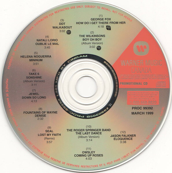・アーティスト Various ・タイトル Warner Music Canada Promo Cd March 1999 Volume 392 ・レーベル・型番 Warner Music Canada PROC99392PROMO ・フォーマット CD ・コンディション(盤) 非常に良い(EX) ・コンディション(ジャケット) ・コンディション(帯) オビなし ・特記事項 【プロモ盤】 【Promotion Only】【ソフトケース入り（プラケースなし）】 サンプル画像です。実際の商品の画像ではありません 商品写真はバーコード/カタログ番号に対応したサンプル画像ですので、お送りする商品の画像ではありません。帯やライナーなどの付属品は、特記事項に記載されている場合のみ含まれます。プロモやカラーレコードなどの仕様についても、該当する場合のみ特記事項に記載しています。 【ご購入前に必ずご確認ください】 ・本店サイト(www.recordcity.jp)とは価格、送料が違います ・本店サイト、その他支店のオーダーとは同梱発送できません ・注文確定後に別の注文を頂いた場合、注文同士の同梱は致しかねます。 ・別倉庫から発送しているため、店頭受け渡しは対応しておりません ・一部商品は他の通販サイトでも販売しているため、ご注文のタイミングによっては商品のご用意ができない場合がございます。 ・土日祝日はお休みです 金曜・祝前日9時以降のご連絡またはご入金は、返答または発送が週明け・祝日明けに順次対応となります。 ・ご購入後のキャンセル不可 ご購入後のキャンセルはいかなる理由においてもお受けできません。ご了承の上、ご購入くださいませ。 ・日本郵便(ゆうパック/ゆうメール)によるお届けになります。 ・中古品であることをご理解ください 当ストアでは中古商品を主に販売しております。中古品であることをご理解の上ご購入ください。また、一部商品はRecordCityオンラインストアで試聴可能です。 ・返品について お客様のご都合による返品は一切承っておりません。 表記の内容と実際の商品に相違がある場合、また針飛び等で返品・返金をご希望される場合は、商品の到着後1週間以内にご連絡ください。商品の返送をこちらで確認後、キャンセル・返金を行います。 コンディションVG以下の商品は返品できません。プレイに影響のない表面のこすれ傷、プレス起因のノイズ盤は返品の対象外です。 【コンディション表記】 ・ほぼ新品(M-)(Like New) 完全な新品。未使用。当店ではほぼ使用しません ・非常に良い(EX)(Excellent) 中古盤として美品な状態。わずかな経年を感じるものの傷みを感じさせない、当店基準で最高の状態 ・良い(VG+)(Very Good Plus) 丁寧に扱われた中古品で、軽い使用感がみられる。 ・可(VG)(Acceptable) 使い込まれた中古品で、「良い」よりもさらに使用感がみられる。 ・悪い(VG-)(Bad) 状態が悪いアイテム。使用の保障はなく、再生不可、針飛び、目立つノイズがあるかもしれない。状態によるクレーム不可。返品不可。 ・非常に悪い(G)(Very Bad) 「悪い」よりさらに状態が悪いアイテム。使用の保障はなく、再生不可、針飛び、目立つノイズがあるかもしれない。状態によるクレーム不可。返品不可。 ・ジャンク(Fair)(Junk/Fair) 割れている、反っている、水ダメージがある、カビ、ジャケットが分離している、ひどい書き込み、ひどい擦れなど最低の状態。使用の保障はなく、再生不可、針飛び、目立つノイズがあるかもしれない。状態によるクレーム不可。返品不可。 ・ジャンク(Poor)(Junk/Poor) 割れている、反っている、水ダメージがある、カビ、ジャケットが分離している、ひどい書き込み、ひどい擦れなど最低の状態。使用の保障はなく、再生不可、針飛び、目立つノイズがあるかもしれない。状態によるクレーム不可。返品不可。