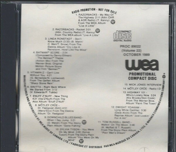 CD Various Wea Promotional Compact Disc October 1989 - Volume PROC89022 WEA プロモ /00110