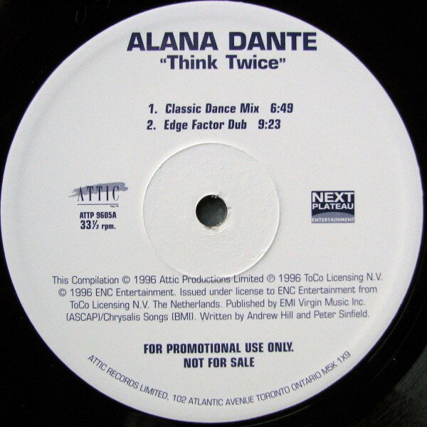 Artist Name: R - 【中古】12” Alana Dante Think Twice ATTP9605A ATTIC プロモ /00250