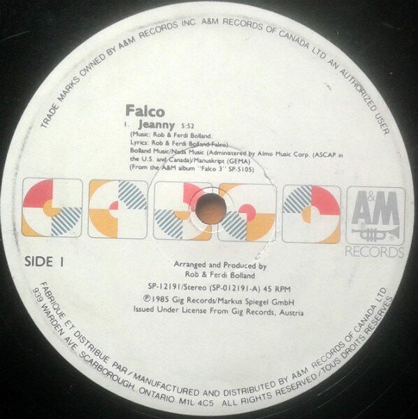 12” Falco Jeanny SP12191 A&amp;M Records /00250