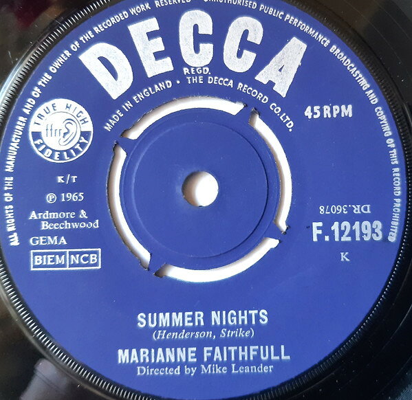 Artist Name: B - 【中古】7” Marianne Faithfull Summer Nights F12193 Decca /00080