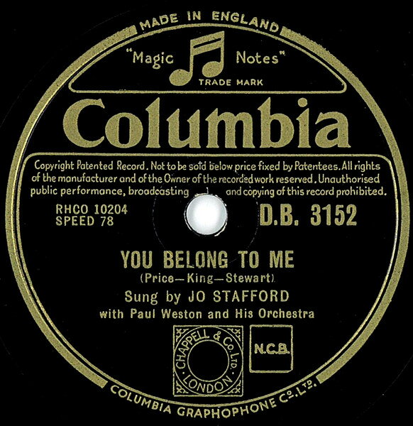 【中古】78RPM/SP Jo Stafford, Paul Weston &amp; His You Belong To Me / Pretty Boy DB3152 COLUMBIA /00500