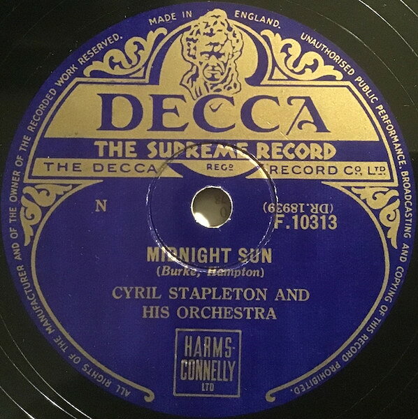 78RPM/SP Cyril Stapleton &amp; His Orchestr Midnight Sun / Lester Leaps In F10313 DECCA /00500