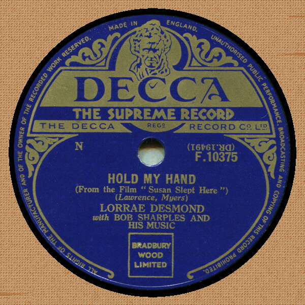 78RPM/SP Lorrae Desmond, Bob Sharples &amp; Hold My Hand / On The Waterfront F10375 DECCA /00500
