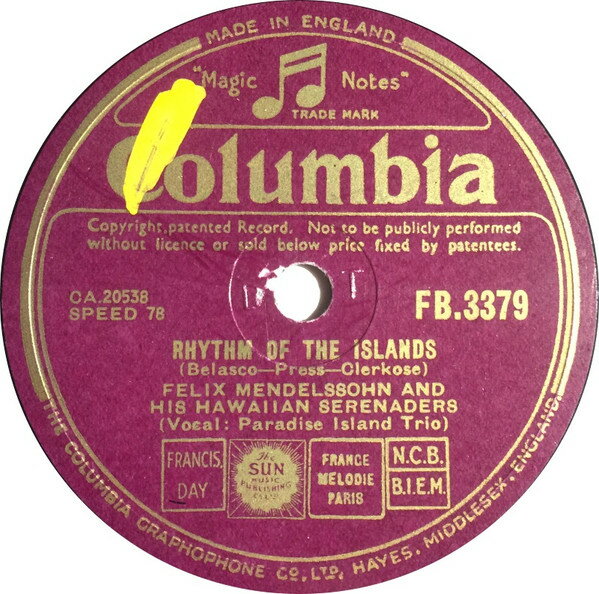 ・アーティスト Felix Mendelssohns Hawaiian Serenaders ・タイトル Rhythm Of The Island / Tomi Tomi ・レーベル・型番 COLUMBIA FB3379 ・フォーマット 78回転SP盤レコード ・コンディション(盤) 良い (VG+) ・コンディション(ジャケット) 可 (VG) ・コンディション(帯) オビなし ・特記事項 【※再生コンディションによる返品不可】 サンプル画像です。実際の商品の画像ではありません 商品写真はバーコード/カタログ番号に対応したサンプル画像ですので、お送りする商品の画像ではありません。帯やライナーなどの付属品は、特記事項に記載されている場合のみ含まれます。プロモやカラーレコードなどの仕様についても、該当する場合のみ特記事項に記載しています。 【ご購入前に必ずご確認ください】 ・本店サイト(www.recordcity.jp)とは価格、送料が違います ・本店サイト、その他支店のオーダーとは同梱発送できません ・注文確定後に別の注文を頂いた場合、注文同士の同梱は致しかねます。 ・別倉庫から発送しているため、店頭受け渡しは対応しておりません ・一部商品は他の通販サイトでも販売しているため、ご注文のタイミングによっては商品のご用意ができない場合がございます。 ・土日祝日はお休みです 金曜・祝前日9時以降のご連絡またはご入金は、返答または発送が週明け・祝日明けに順次対応となります。 ・ご購入後のキャンセル不可 ご購入後のキャンセルはいかなる理由においてもお受けできません。ご了承の上、ご購入くださいませ。 ・日本郵便(ゆうパック/ゆうメール)によるお届けになります。 ・中古品であることをご理解ください 当ストアでは中古商品を主に販売しております。中古品であることをご理解の上ご購入ください。また、一部商品はRecordCityオンラインストアで試聴可能です。 ・返品について お客様のご都合による返品は一切承っておりません。 表記の内容と実際の商品に相違がある場合、また針飛び等で返品・返金をご希望される場合は、商品の到着後1週間以内にご連絡ください。商品の返送をこちらで確認後、キャンセル・返金を行います。 コンディションVG以下の商品は返品できません。プレイに影響のない表面のこすれ傷、プレス起因のノイズ盤は返品の対象外です。 【コンディション表記】 ・ほぼ新品(M-)(Like New) 完全な新品。未使用。当店ではほぼ使用しません ・非常に良い(EX)(Excellent) 中古盤として美品な状態。わずかな経年を感じるものの傷みを感じさせない、当店基準で最高の状態 ・良い(VG+)(Very Good Plus) 丁寧に扱われた中古品で、軽い使用感がみられる。 ・可(VG)(Acceptable) 使い込まれた中古品で、「良い」よりもさらに使用感がみられる。 ・悪い(VG-)(Bad) 状態が悪いアイテム。使用の保障はなく、再生不可、針飛び、目立つノイズがあるかもしれない。状態によるクレーム不可。返品不可。 ・非常に悪い(G)(Very Bad) 「悪い」よりさらに状態が悪いアイテム。使用の保障はなく、再生不可、針飛び、目立つノイズがあるかもしれない。状態によるクレーム不可。返品不可。 ・ジャンク(Fair)(Junk/Fair) 割れている、反っている、水ダメージがある、カビ、ジャケットが分離している、ひどい書き込み、ひどい擦れなど最低の状態。使用の保障はなく、再生不可、針飛び、目立つノイズがあるかもしれない。状態によるクレーム不可。返品不可。 ・ジャンク(Poor)(Junk/Poor) 割れている、反っている、水ダメージがある、カビ、ジャケットが分離している、ひどい書き込み、ひどい擦れなど最低の状態。使用の保障はなく、再生不可、針飛び、目立つノイズがあるかもしれない。状態によるクレーム不可。返品不可。