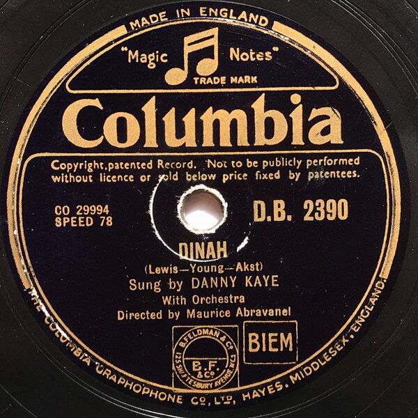 【中古】78RPM/SP Danny Kaye Dinah / Minnie The Moocher DB2390 COLUMBIA /00500