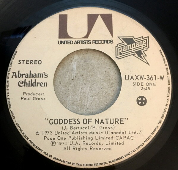 【中古】7” Abrahams Children Goddess Of Nature UAXW361W UNITED ARTISTS RECOR /00080