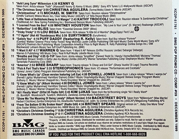 ・アーティスト Various ・タイトル Bmg Pop Promo Cd - Comp. #59 - December 1999 ・レーベル・型番 BMG Music Canada KCDP51761 ・フォーマット CD ・コンディション(盤) 良い (VG+) ・コンディション(ジャケット) ・コンディション(帯) オビなし ・特記事項 【プロモ盤】 【Promotion Only】【ソフトケース入り（プラケースなし）】 サンプル画像です。実際の商品の画像ではありません 商品写真はバーコード/カタログ番号に対応したサンプル画像ですので、お送りする商品の画像ではありません。帯やライナーなどの付属品は、特記事項に記載されている場合のみ含まれます。プロモやカラーレコードなどの仕様についても、該当する場合のみ特記事項に記載しています。 【ご購入前に必ずご確認ください】 ・本店サイト(www.recordcity.jp)とは価格、送料が違います ・本店サイト、その他支店のオーダーとは同梱発送できません ・注文確定後に別の注文を頂いた場合、注文同士の同梱は致しかねます。 ・別倉庫から発送しているため、店頭受け渡しは対応しておりません ・一部商品は他の通販サイトでも販売しているため、ご注文のタイミングによっては商品のご用意ができない場合がございます。 ・土日祝日はお休みです 金曜・祝前日9時以降のご連絡またはご入金は、返答または発送が週明け・祝日明けに順次対応となります。 ・ご購入後のキャンセル不可 ご購入後のキャンセルはいかなる理由においてもお受けできません。ご了承の上、ご購入くださいませ。 ・日本郵便(ゆうパック/ゆうメール)によるお届けになります。 ・中古品であることをご理解ください 当ストアでは中古商品を主に販売しております。中古品であることをご理解の上ご購入ください。また、一部商品はRecordCityオンラインストアで試聴可能です。 ・返品について お客様のご都合による返品は一切承っておりません。 表記の内容と実際の商品に相違がある場合、また針飛び等で返品・返金をご希望される場合は、商品の到着後1週間以内にご連絡ください。商品の返送をこちらで確認後、キャンセル・返金を行います。 コンディションVG以下の商品は返品できません。プレイに影響のない表面のこすれ傷、プレス起因のノイズ盤は返品の対象外です。 【コンディション表記】 ・ほぼ新品(M-)(Like New) 完全な新品。未使用。当店ではほぼ使用しません ・非常に良い(EX)(Excellent) 中古盤として美品な状態。わずかな経年を感じるものの傷みを感じさせない、当店基準で最高の状態 ・良い(VG+)(Very Good Plus) 丁寧に扱われた中古品で、軽い使用感がみられる。 ・可(VG)(Acceptable) 使い込まれた中古品で、「良い」よりもさらに使用感がみられる。 ・悪い(VG-)(Bad) 状態が悪いアイテム。使用の保障はなく、再生不可、針飛び、目立つノイズがあるかもしれない。状態によるクレーム不可。返品不可。 ・非常に悪い(G)(Very Bad) 「悪い」よりさらに状態が悪いアイテム。使用の保障はなく、再生不可、針飛び、目立つノイズがあるかもしれない。状態によるクレーム不可。返品不可。 ・ジャンク(Fair)(Junk/Fair) 割れている、反っている、水ダメージがある、カビ、ジャケットが分離している、ひどい書き込み、ひどい擦れなど最低の状態。使用の保障はなく、再生不可、針飛び、目立つノイズがあるかもしれない。状態によるクレーム不可。返品不可。 ・ジャンク(Poor)(Junk/Poor) 割れている、反っている、水ダメージがある、カビ、ジャケットが分離している、ひどい書き込み、ひどい擦れなど最低の状態。使用の保障はなく、再生不可、針飛び、目立つノイズがあるかもしれない。状態によるクレーム不可。返品不可。