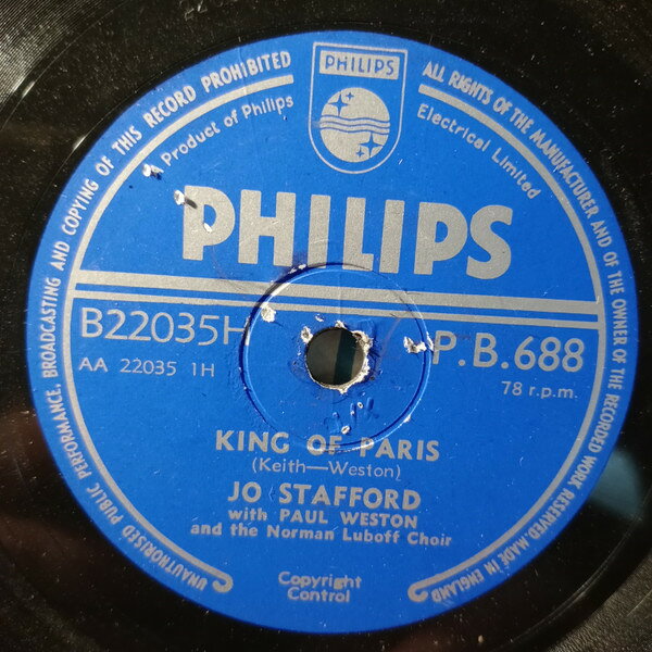 【中古】78RPM/SP Jo Stafford, Paul Weston King Of Paris / Wind In The Willow PB688 PHILIPS /00500