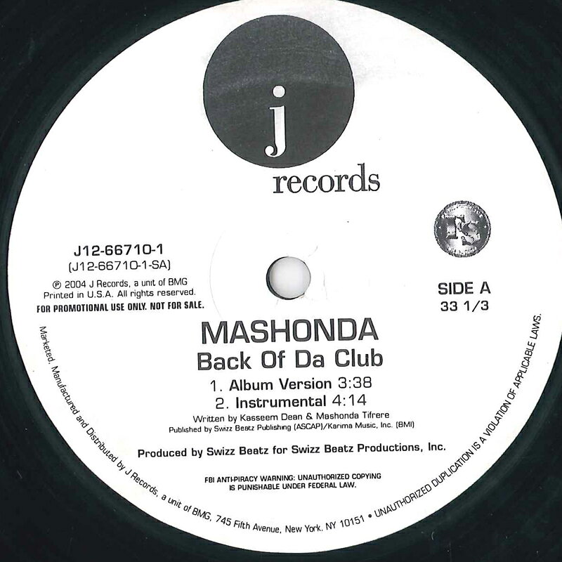 【中古】12インチ Mashonda Back Of Da Club J12667101PROMO J プロモ