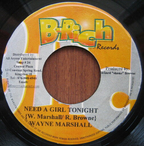 【中古】ジャマイカ7” Wayne Marshall Need A Girl Tonight NONE B-Rich Records /00080 【中古】ジャマイカ7” Wayne Marshall Need A Girl Tonight NONE B-Rich Records /00080