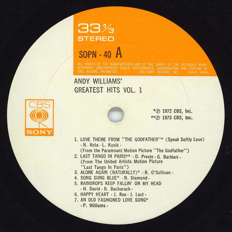 【中古】LP/GF Andy Williams Greatest Hits 1 SOPN40 CBS SONY Japan Vinyl /00400