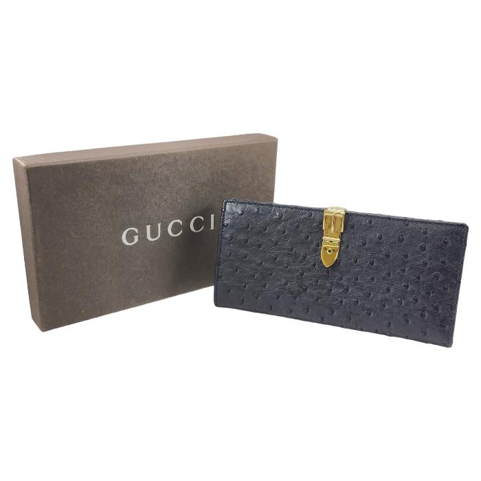 【中古】 GUCCI グッチ 2つ折り長財布 オーストリッチ ベルトデザイン グレー 035 661 1664 T1