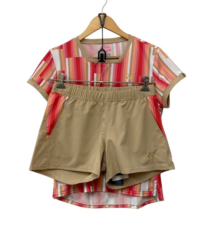 【中古】 YONEX ヨネックス バドミントンウェア ゲームシャツ 上下セット クリスタルレッド サイズL レディース D4