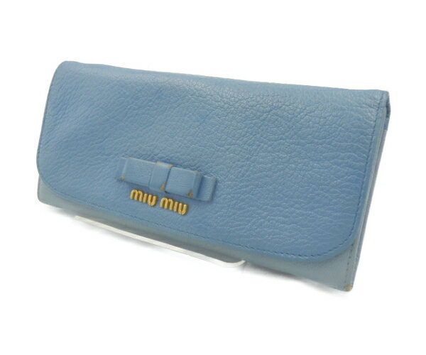 【中古】 miu miu 長財布 Wホック リボン レザー 本革