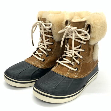 未使用品◆crocs クロックス オールキャスト ラックス ダックブーツ サイズW8◆ ブラウン/ウィート/ムートン/スエード×フェイクヌバック/レディース/シューズ/靴【中古】