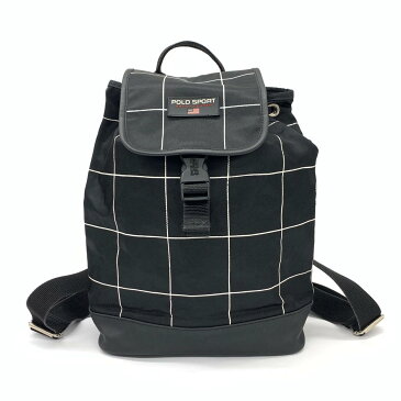 ◆POLO SPORT ポロスポーツ ラルフローレン 90s 格子柄 ナイロンリュックバッグ◆ black /黒/ブラック/メンズ/レディース/鞄【中古】