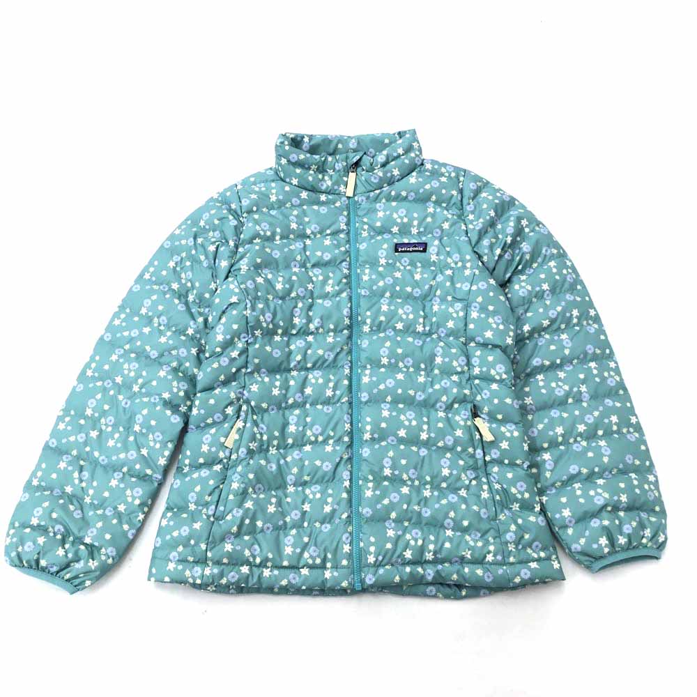 ◆patagonia パタゴニア ダウンジャケット キッズサイズXL◆　ライトグリーン/総柄/ジップアップ/女の子/ジュニア/アウター【中古】