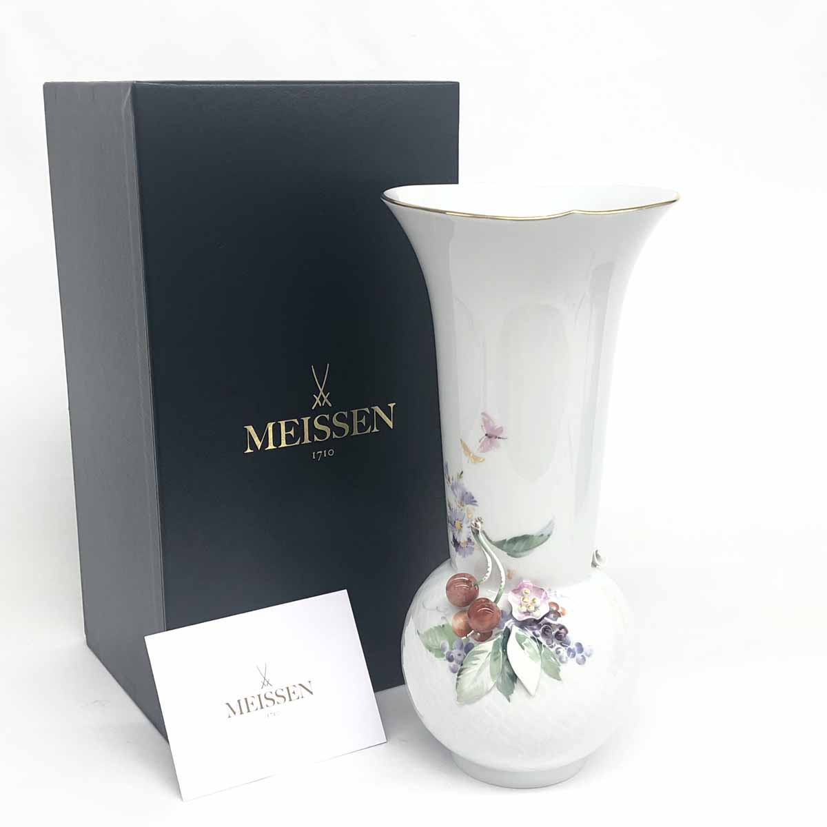 10%OFF!!★楽天スーパーセール対象商品★ Meissen マイセン フラワーベース 波の戯れチェリー 箱付 新品同様 ホワイト 陶器 花瓶 インテリア　 【中古】 【202404】