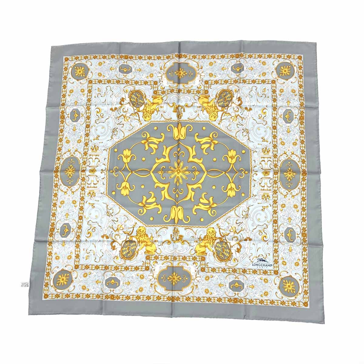 LONGCHAMP ロンシャン スカーフ 美品 グレー シルク100% 総柄 レディース イタリア製 絹 服飾小物 【中古】のサムネイル