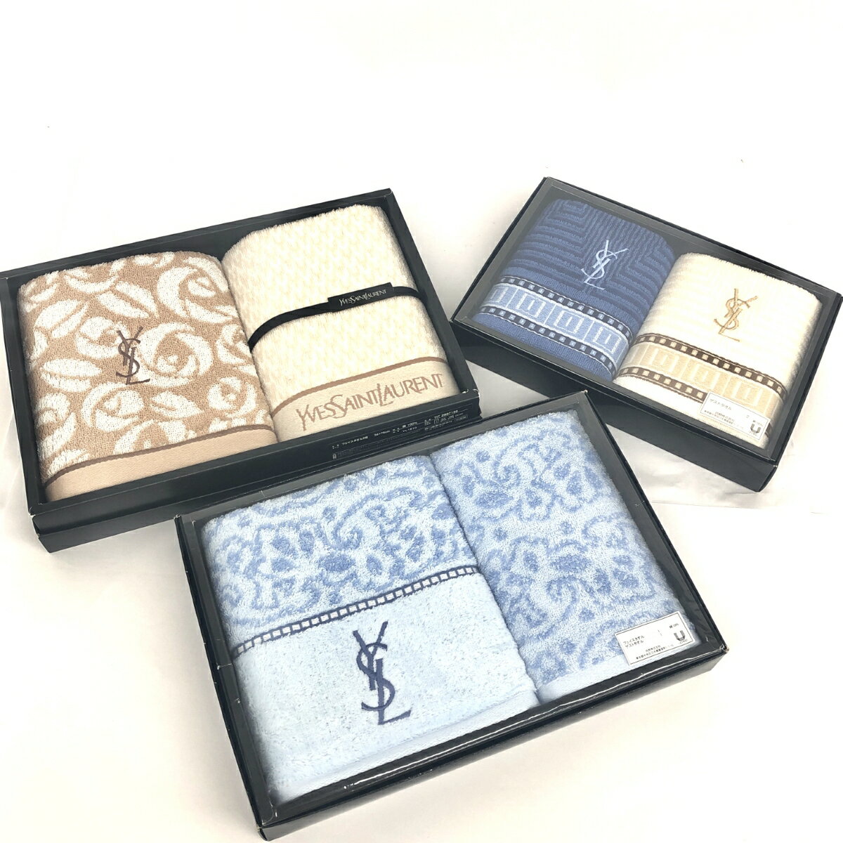 YvesSaintLaurent(YSL) イヴサンローラン タオルセット フェイス3ウォッシュ3 箱付 美品 ブルー/ベージュ 綿 YSLロゴ ヴィンテージ 【中古】のサムネイル