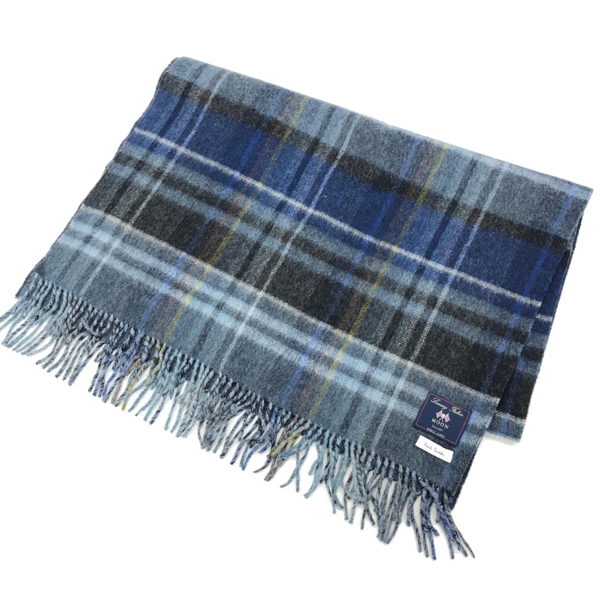 Paul Smith ポールスミス×ムーン社 大判ストール 良好 ネイビー チェック柄 ユニセックス マフラー ストール 襟巻 服飾小物 【中古】 【202501】