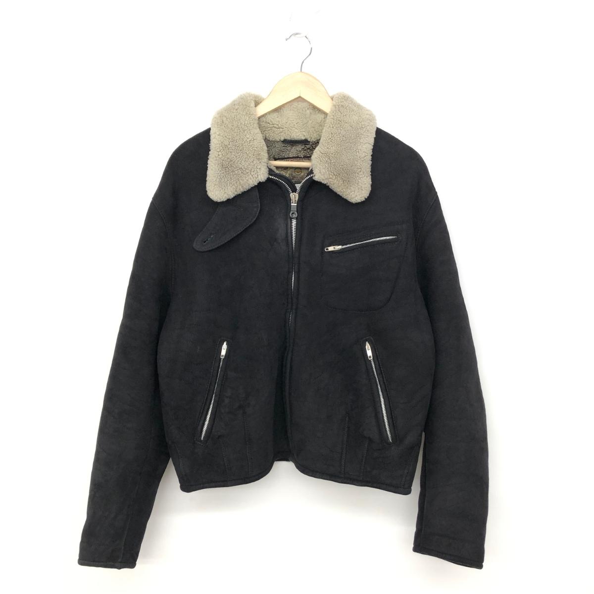 ARMANI JEANS アルマーニジーンズ ムートンジャケット サイズI48 ブラック 羊革 メンズ ショート丈 ボアカラー アウター コート 【中古】