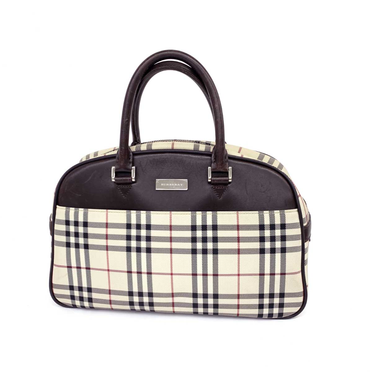 BURBERRY LONDON バーバリーロンドン ボストンバッグ ベージュ×ブラウン PVC×レザー ノバチェック柄 レディース bag 鞄 【中古】