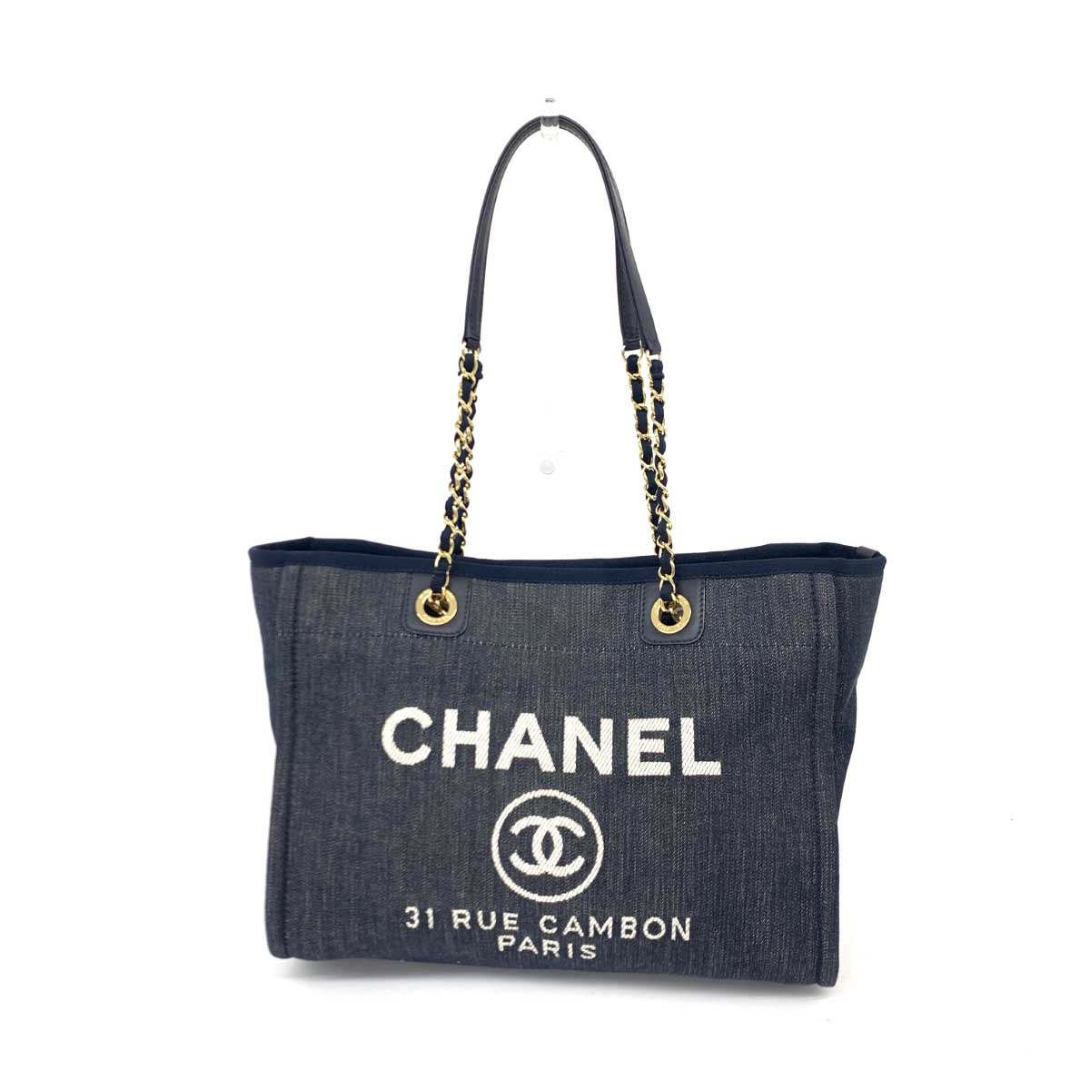 CHANEL シャネル ドーヴィルライン チェーントートバッグMM 美品 A67001 18367652 ネイビー デニム レディース bag 鞄 【中古】