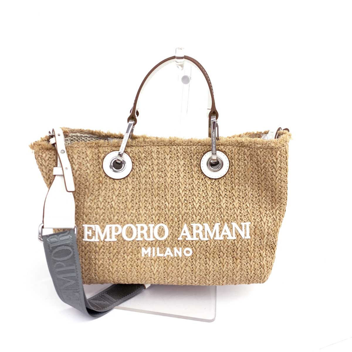 EMPORIO ARMANI エンポリオアルマーニ MyEA ショッパーディアプリントスモール 2WAYバッグ 美品 ベージュ カゴ 編み込み レディース 鞄 【中古】