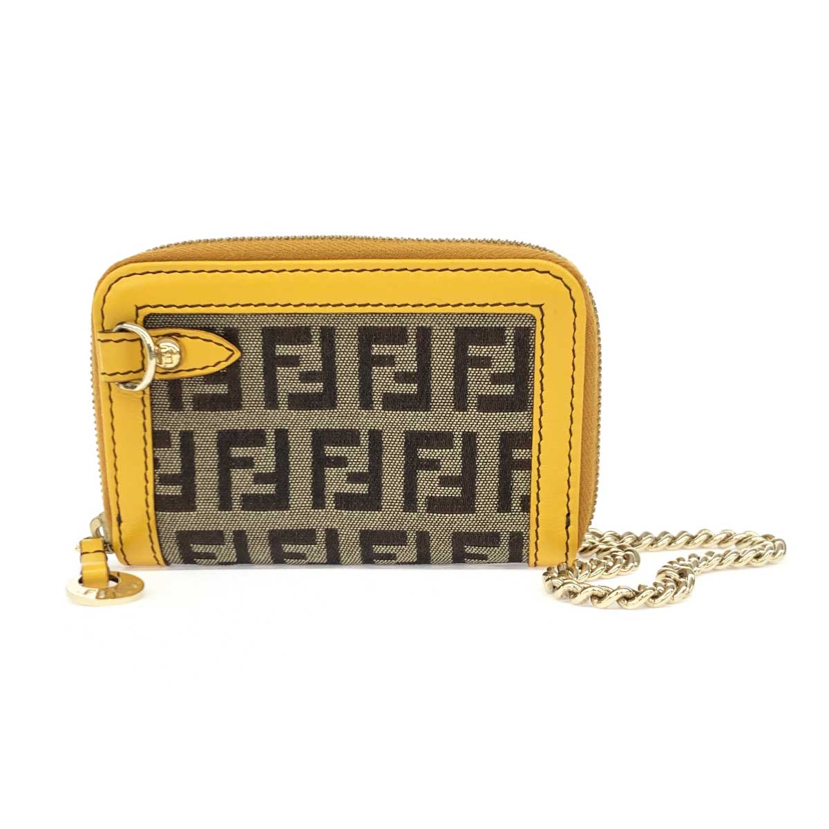 FENDI フェンディ チェーン付きコインケース 良好 199785 イエロー×ブラウン キャンバス×レザー ズッカ レディース 小銭入れ 財布 【中古】