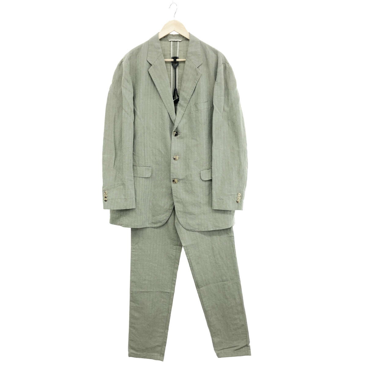 PAPAS パパス セットアップ サイズS、L グリーン リネンコットン メンズ 上下セット カジュアルスーツ ヘリンボーン 【中古】