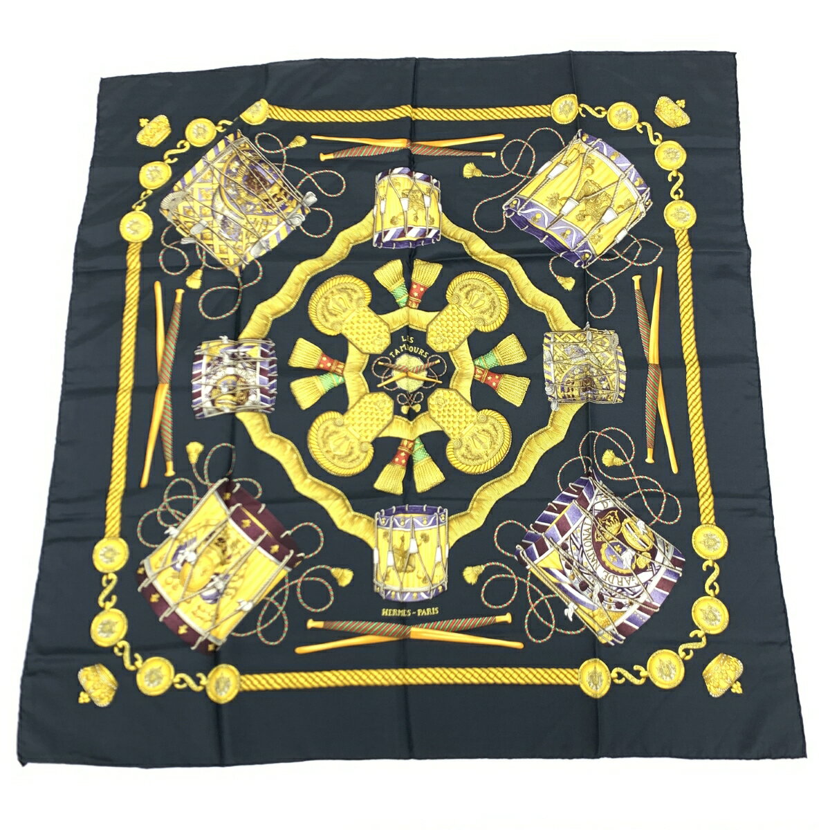 HERMES エルメス スカーフ ブラック シルク100% LES TAMBOURS タンブールの太鼓 レディース カレ90 絹 服飾小物 【中古】