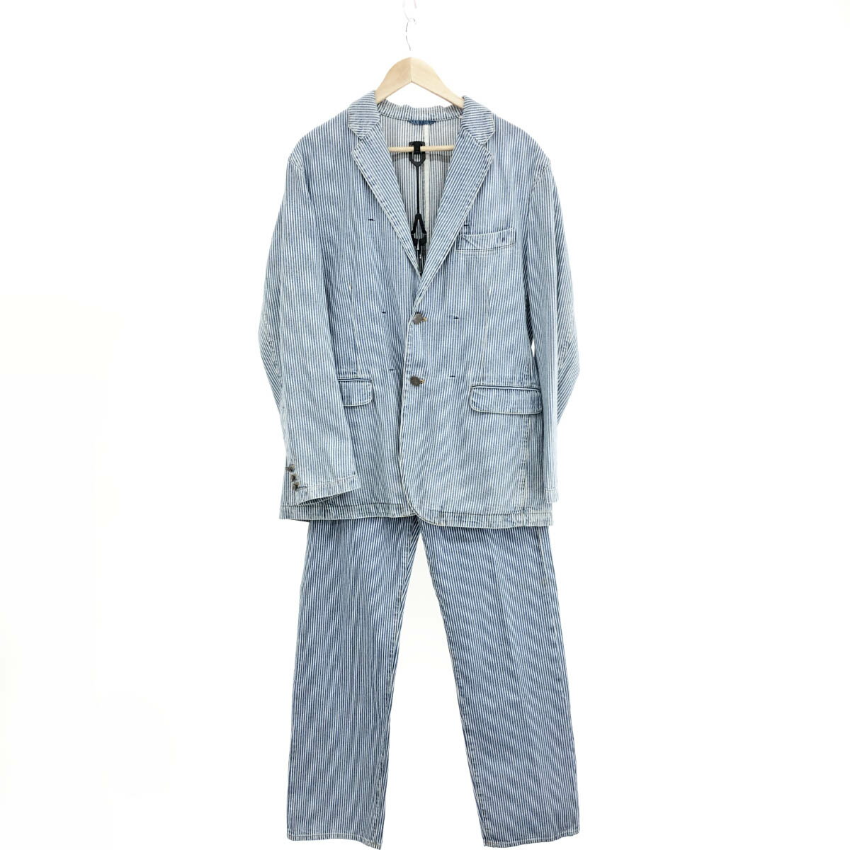 PAPAS パパス セットアップ サイズL ブルー 綿100% メンズ 上下セット スーツ ジャケット&パンツ ヒッコリー 【中古】