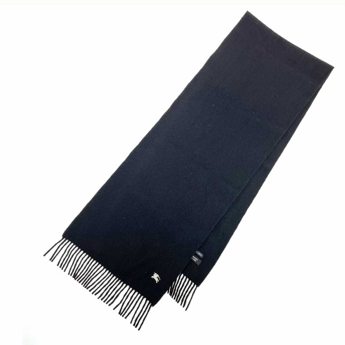 BURBERRY BLACK LABEL バーバリーブラックレーベル マフラー ブラック カシミヤ100% ホースロゴ刺繍 フリンジ ユニセックス 服飾小物 【中古】