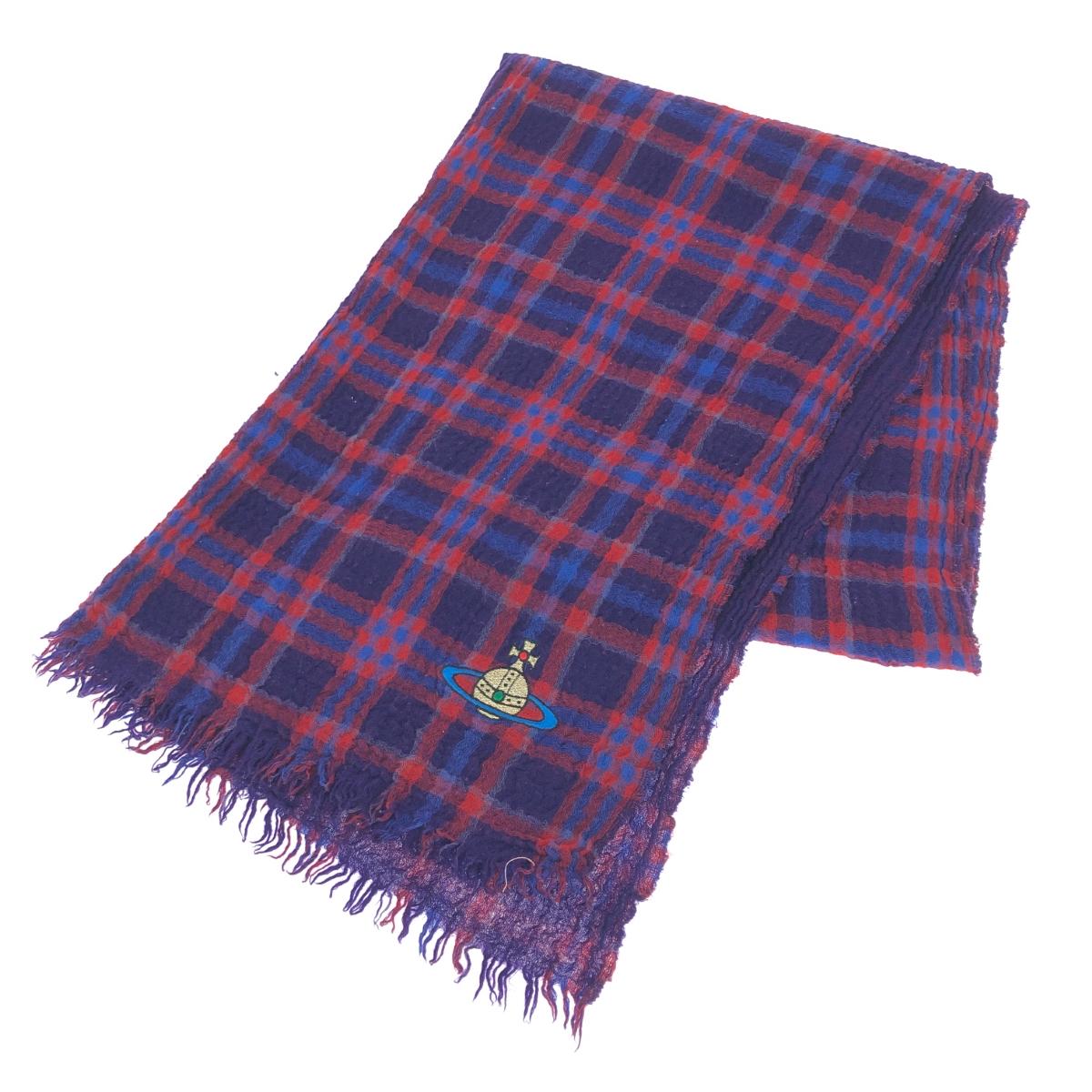 Vivienne Westwood ヴィヴィアンウエストウッド 大判 ストール パープル 毛100% オーブ刺繍 チェック柄 ユニセックス マフラー ストール 襟巻 服飾小物 【中古】