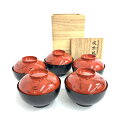 山田平安堂 ヤマダヘイアンドウ 朱蓋蓬莱山 吸物椀 5客揃 共箱付 ブラック/レッド 漆器 【中古】